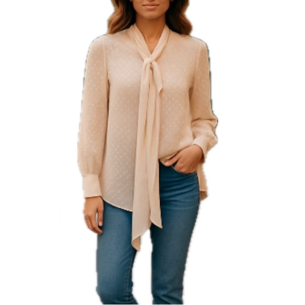 NWT Adrianna Papell Peach Pink Neck Tie Swiss Dot Long Sleeve Blouse